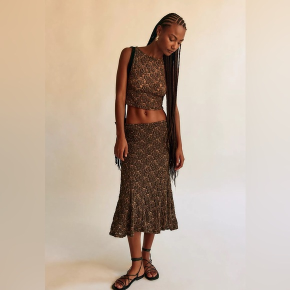 Free People Laney Blouse Top Maxi Skirt Set Floral Cropped Black